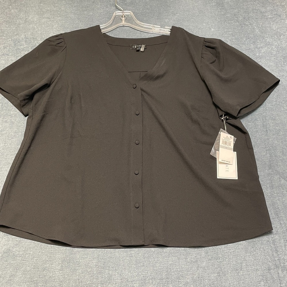 1.STATE Blouse Top Womens 1X Rich Black V-Neck Short Sleeve Button Front